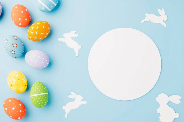 Overhead Easter Eggs Rabbit Paper Cut Circle White Paper Isolated — 图库照片