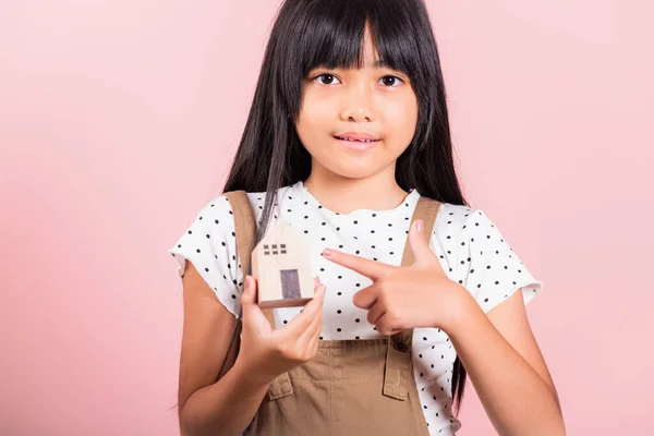 Asian Little Kid Years Old Hold Wood House Model Hands — Stock Photo, Image