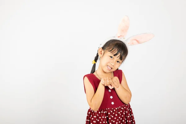 Mutlu Paskalyalar Gülümseyen Asyalı Tavşan Kulaklı Küçük Kız Ele Tutuşuyor — Stok fotoğraf