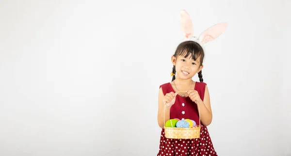 Veselé Velikonoce Úsměv Asijské Holčička Sobě Velikonoční Zajíček Uši Drží — Stock fotografie