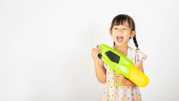 Happy Songkran Day Aziatisch Klein Meisje Met Plastic Waterpistool Thais — Stockfoto