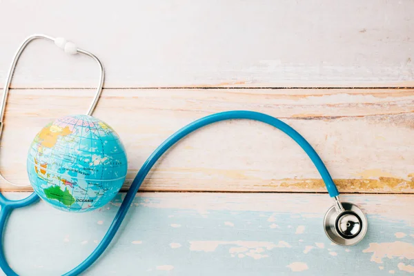 World Health Day Top View Doctor Stethoscope Wrapped World Globe — Fotografia de Stock
