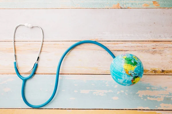 World Health Day Top View Blue Doctor Stethoscope Wrapped World — Stock Photo, Image