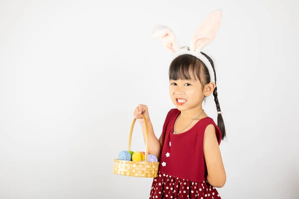 Feliz Día Pascua Sonríe Niña Asiática Con Orejas Conejito Pascua —  Fotos de Stock