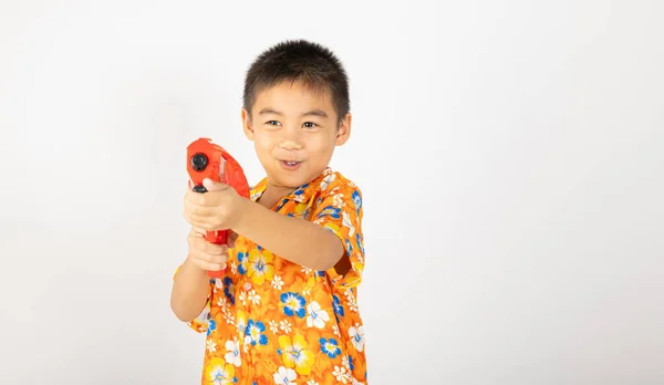 Happy Songkran Day Asian Kid Boy Floral Shirt Hold Water — Stock fotografie