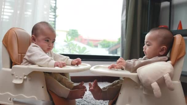 Asiático Bebês Gêmeos Sentados Cadeira Segurança Cadeira Pode Usar Para — Vídeo de Stock