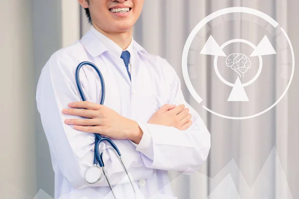 Doctor Day. Nurse man smiling in uniform stand crossed arm hold doctor stethoscope on hand looking to camera with cop space, Healthcare medicine insurance concept
