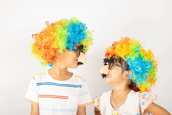 April Fools Day Due Fratelli Divertente Bambino Ragazzo Bambina Clown — Foto Stock