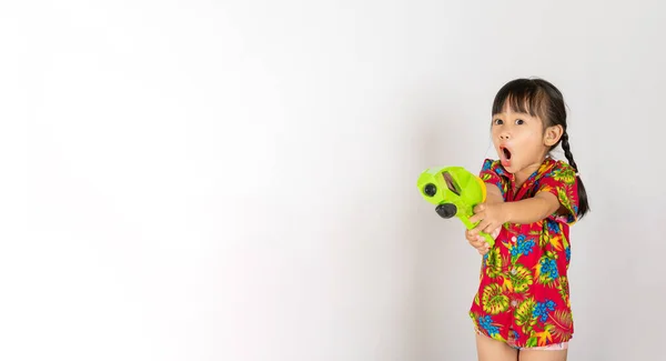 Happy Songkran Day Asian Kid Girl Floral Shirt Hold Water — Stock Photo, Image