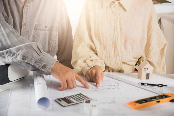 Two Engineers Pointing Drawings Project Architect Team Meeting Consult Work — Stock Photo, Image