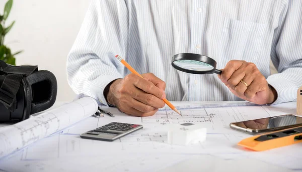 Architectural Interior Designer Working Holding Magnifying Glass Look Blueprint Working — Stock Photo, Image