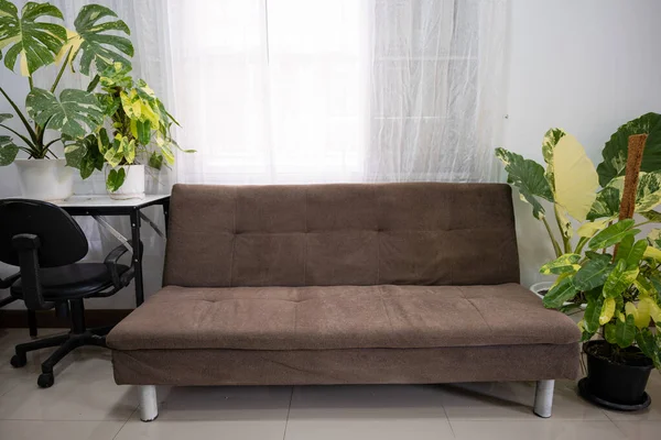 Defocused Home Interior Design Home Decor Fabric Sofa Brown Color — Stock Photo, Image