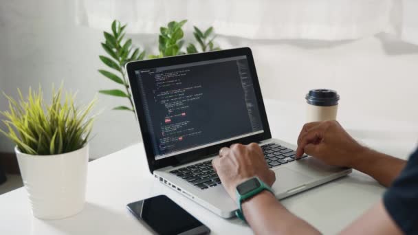 Web Application Development Programmer Man Writing Program Code Sitting Workplace — стоковое видео