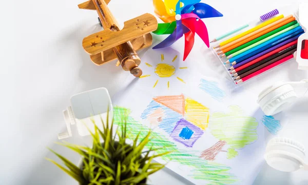 Criança Paisagem Desenho Colorido Meu Sonho Casa Papel Branco Criança — Fotografia de Stock
