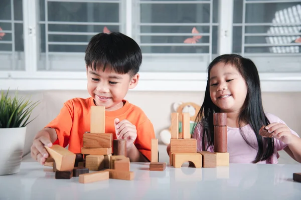 Children Boy Girl Playing Constructor Wooden Block Building Happy Little — Zdjęcie stockowe