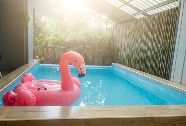 Pink inflatable ring flamingo plastic in the swimming pool blue water, Pool accessory equipment float for party, Trendy summer vacation feeling concept