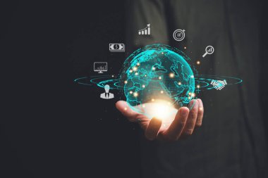 El, sanal Global Internet bağlantısı metaverse, teknoloji ve dijital pazarlama sunmaktadır. Finansal ve bankacılık sektörleri, dijital bağlantı teknolojisinin ve büyük verilerin vurgulanması.