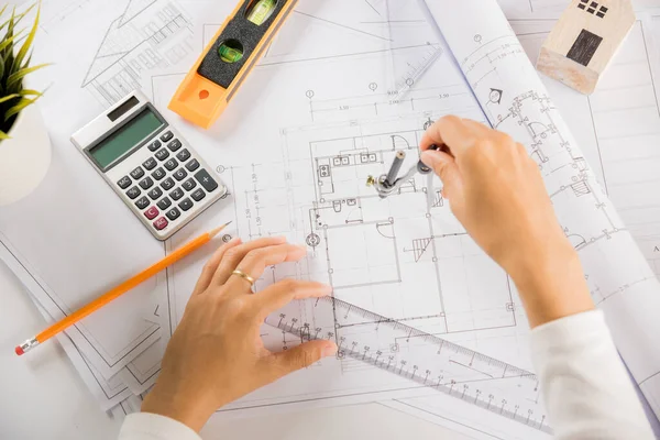 Architectural Project Workplace Engineer Sketching Construction Project Architect Drawing Divider — Stock Photo, Image