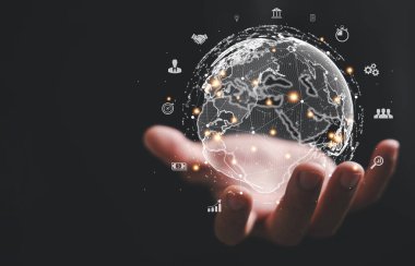 Sanal bir Global Internet bağlantısı olan metaverse 'i tutan bir el iş, teknoloji ve dijital pazarlamanın birleşimini sembolize ediyor. finansal ve bankacılık sektörleri, dijital bağlantı teknolojisi ve büyük veriler.