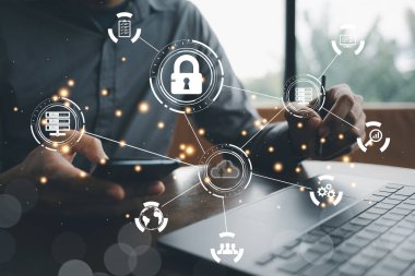 Fütürist teknoloji konsepti, sanal ekranda parmak taraması. Dijital dönüşüm yönetimi, büyük veri analizleri, bulut hesaplaması