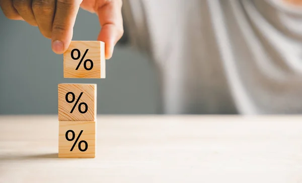 Concept Interest Rate Financial Rates Hand Placing Wooden Cube Block — Stock Photo, Image