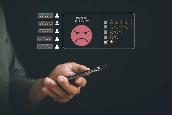 Negative feedback and low rating concept. Unhappy client hold smartphone. Dissatisfaction, disappointment, and bad service. Impact of poor rating on business reputation and customer experience.