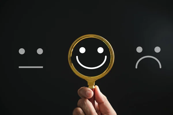 Magnifying Glass Reveals Smiley Face Finding Happiness Sadness Black Customer — Stock Photo, Image