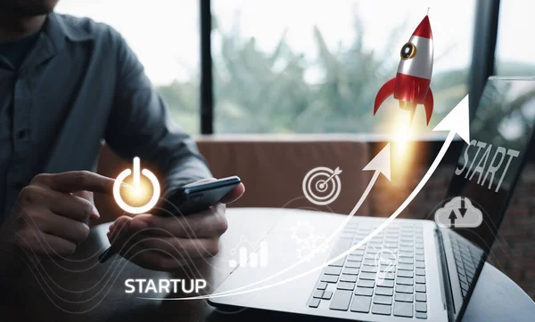 Ervaar Toekomst Van Startup Business Met Dit Raket Icoon Launch — Stockfoto