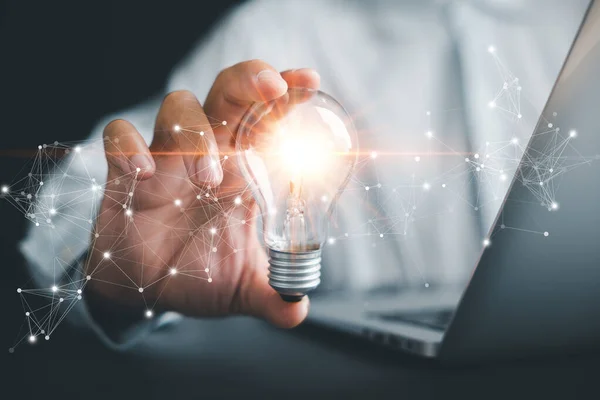 Creative Businessman Holds Light Bulb Representing Bright Idea Showcases Concept — Stock Photo, Image