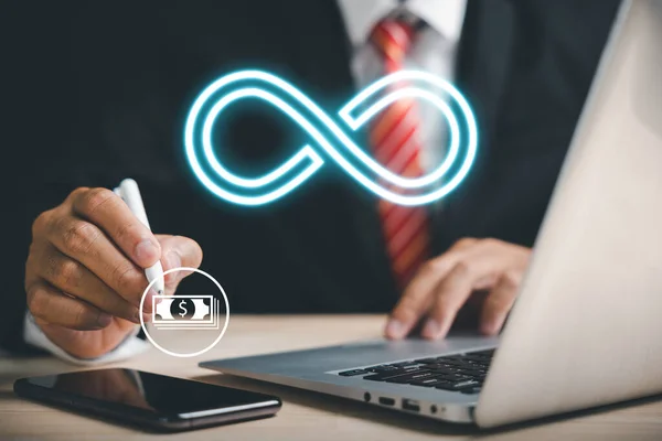 Businessman Directs Attention Infinity Symbol Signifying Limitless Connection Data Technology — Stock Photo, Image