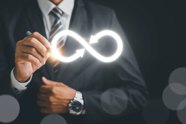 Businessman Draws Focus Infinity Symbol Representing Unlimited Connection Data Technology — Stock Photo, Image