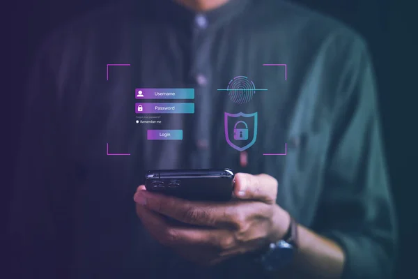 Zugriff Auf Persönliche Finanzdaten Mit Einem Futuristischen Biometrischen Fingerabdruckscanner Auf — Stockfoto