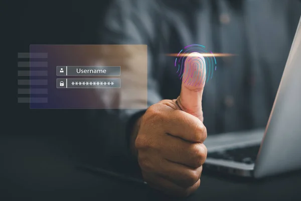 Futuristic Biometric Fingerprint Scanner Captures Persons Thumb Symbolizing Future Secure — Stock Photo, Image