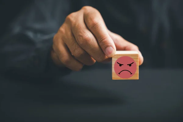 Customer Dissatisfaction Concept Unhappy Customer Hand Sadness Emotion Face Wooden — Stock Photo, Image
