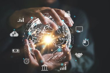 Teknoloji, Global Business 'ı yönetiyordu. İş adamı, iş zekası için büyük verileri analiz ederken teknolojiyi benimsiyordu. Dünya haritasının dijital bağlantılarının bileşimi küresel pazarın birbirine bağlılığını vurguluyor.