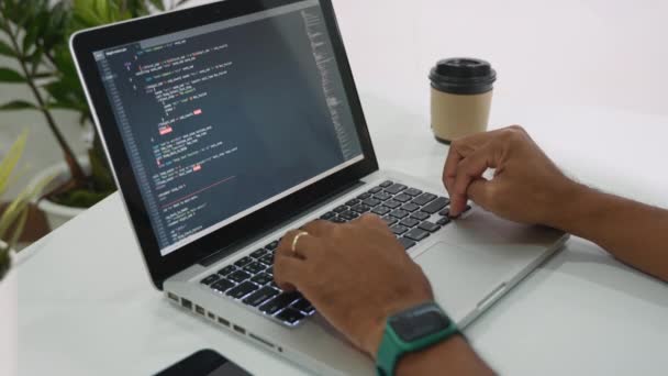 Web Application Development Programmer Man Writing Program Code Sitting Workplace — 비디오