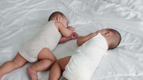 Happy Childhood Sleeping Newborn Identical Boy Twins Bed Bedroom Asian — Stock Video