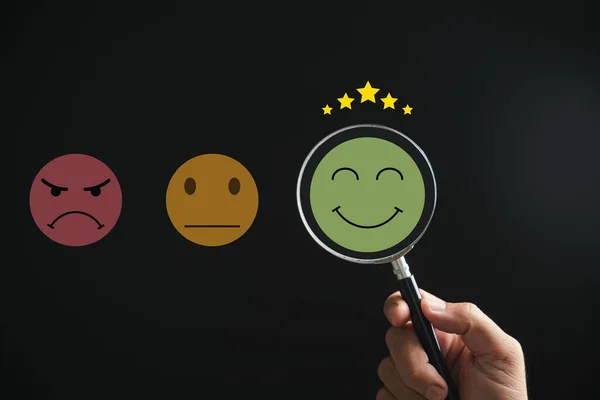 Lupa Descubre Icono Cara Sonriente Satisfacción Del Cliente Evaluación Después — Foto de Stock