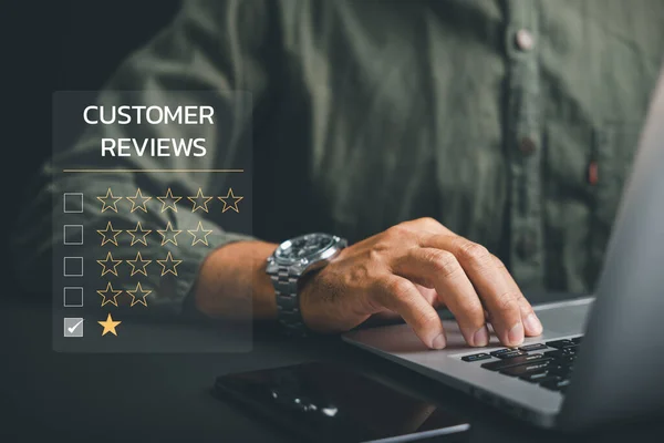 Customer experience dissatisfaction depicted through 1-star rating survey. negative feedback, expressing user experience via smartphone. Highlighting of customer satisfaction in business evaluations.