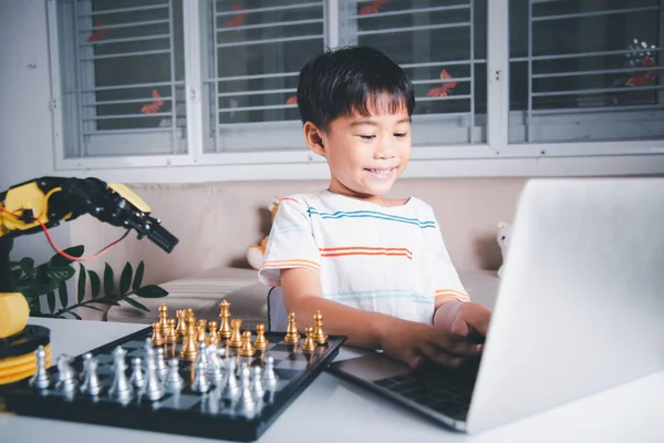 Asian Little Boy Programming Code Robot Arm Laptop Play Chess — 스톡 사진