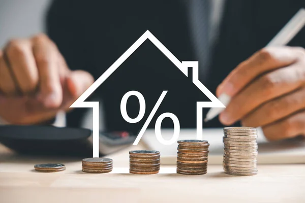 An ascending arrow on a graph points to the buoyant real estate market. A house model and coin stack beside it depict inflation, economic growth, and insurance service costs. Property value is rising.