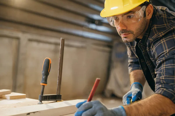 Carpenter Man Wear Gloves Working Using Tape Measure Pencil Make — Foto Stock