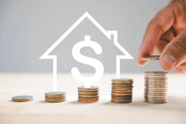 Hand Assembles Money Coins Places House Icon Visualizing Property Investment — Stock Photo, Image