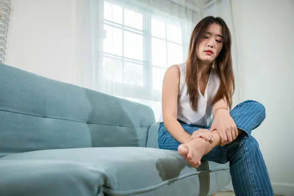 Asian Beautiful Female Problems Foot Home Painful Ankle Injury Young — Stock Photo, Image