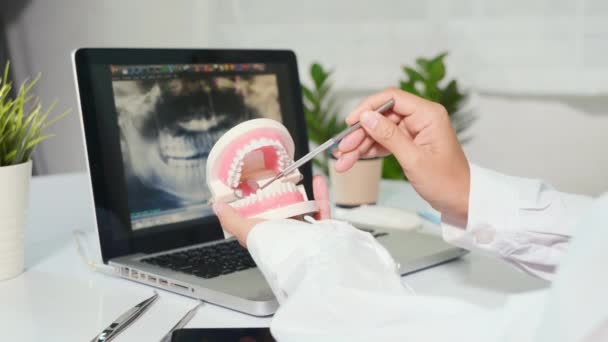 Гігієна Зубів Модель Стоматолога Здорового Білого Зуба Інструмент Вивчення Дзеркала — стокове відео