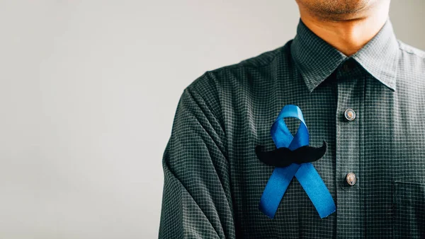 Mens Hands Reveal Blue Ribbon Moustache Symbolizing Commitment Awareness Colon — Stock Photo, Image