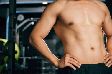 Yakışıklı maço bir adam, kaslı göğsü ve kolları olan, spor salonunun iç tarafında durmuş, spor yaparken neşeli bir tavırla antrenörüne bakıyor. Kopya alanı ile sağlıklı fitness yaşam biçimi