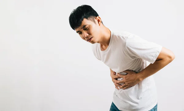 Hombre Joven Asiático Sufre Dolor Estómago Dolor Abdominal Que Indica — Foto de Stock