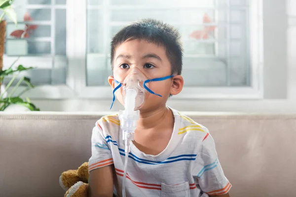 Asian Child Using Nebulizer Mask Equipment Alone Have Smoke Kid — Stock Photo, Image