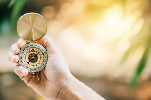 Hand Holding Compass Natural Forest Setting Find Your Direction Explore — Stock Photo, Image